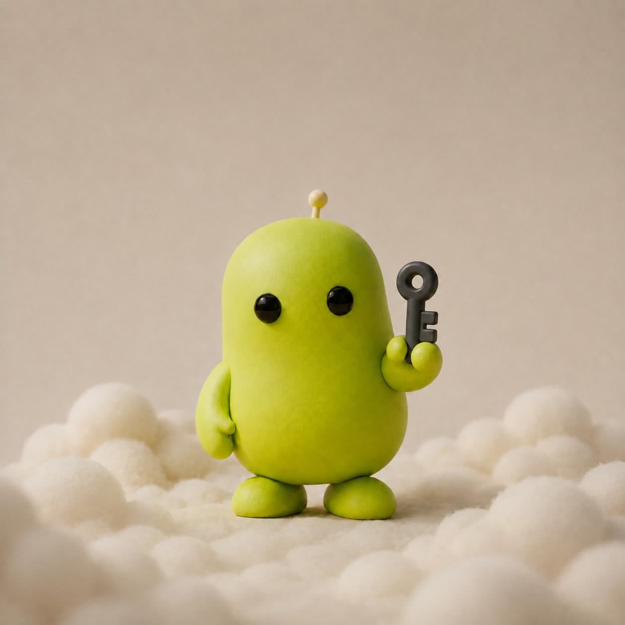 Scout, Autonomy’s lime-colored mascot, holding a charcoal key among soft ivory clouds.